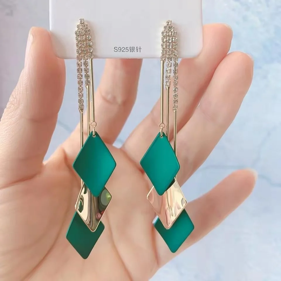 Korean Fashion Long and Wide Tassel Earrings Blue and Green Valentine's Day Gift Wedding Earrings Valentines Day Gift Jewelry