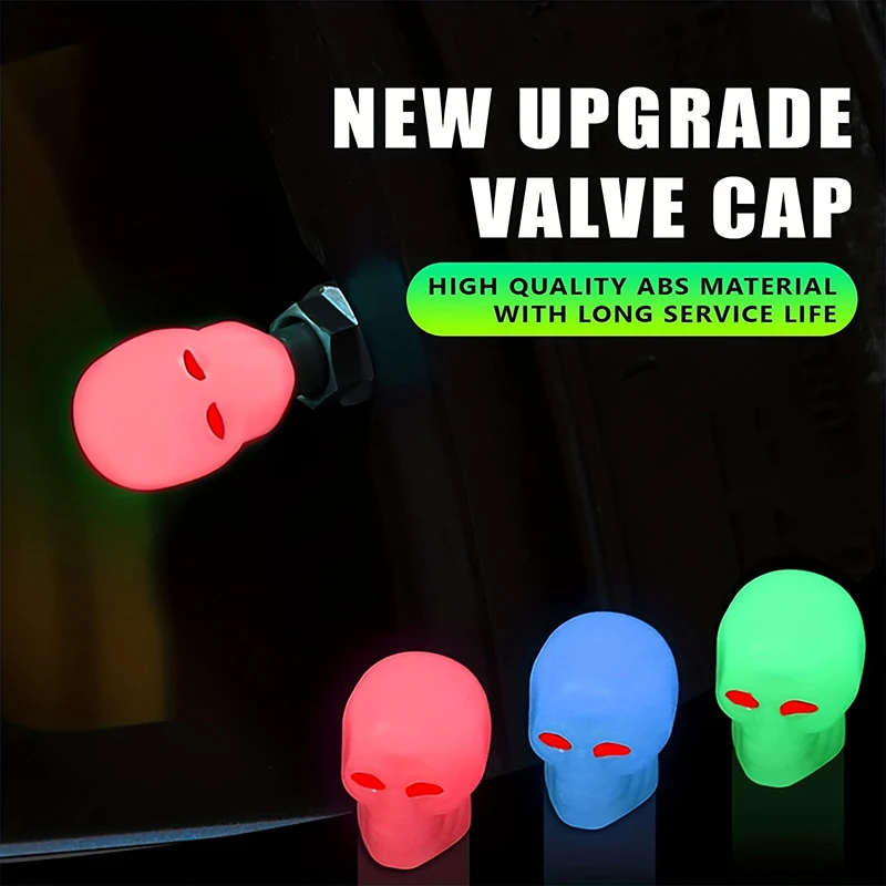Yellow Skull Fluorescent Car Tire Valve Caps Auto Motorcycle Bicycle Nozzle Cap Decor Night Glowing Wheel Plug Cover Accessories