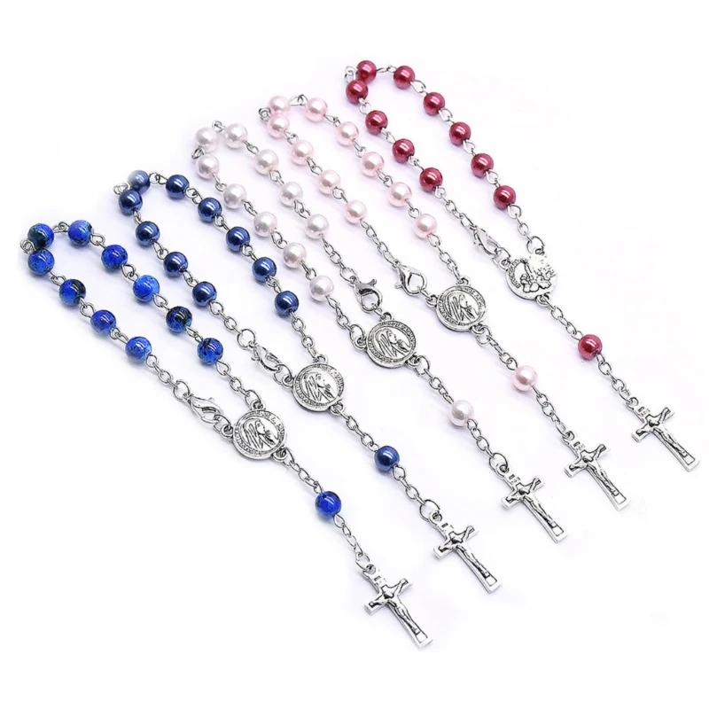 Glass Pearl Beads Rosary Bracelet Catholic Pendant Finger Chain Religious Jewelry for Women Prayer Communion Gift Dropship