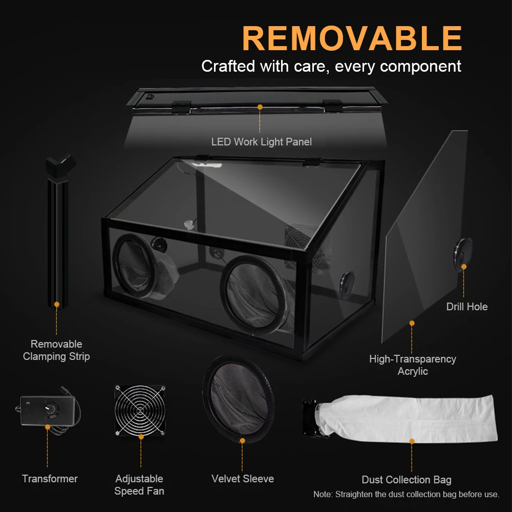 Transparent Acrylic Polishing Dust Box Portable Removable Dust-Proof Enclosure with Glove Holes for Jade Beeswax Carving