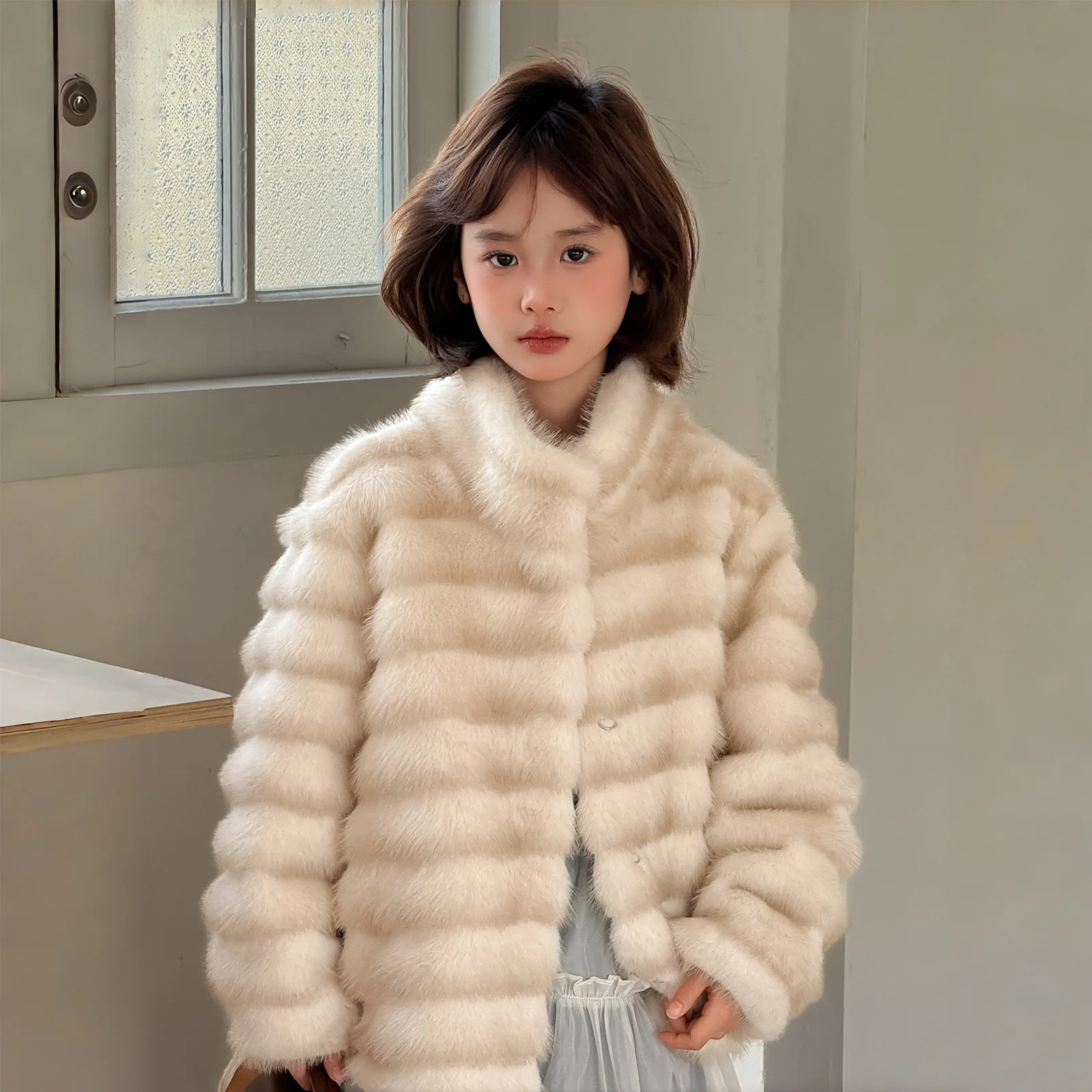UNITIM Winter Junior Girls Faux Fur Coat Striped Teens Girls Faux Mink Fur Outerwear Children Single Button Woolen Coat for Girl