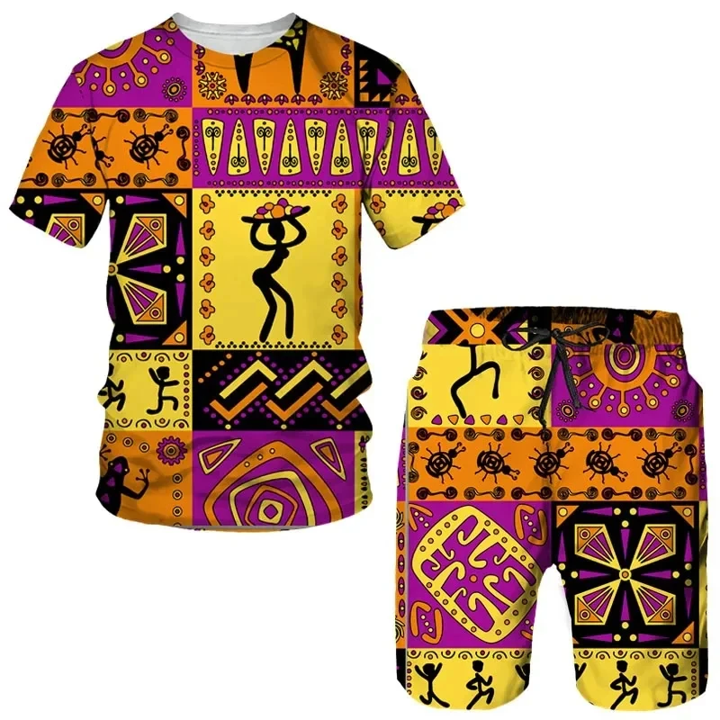 Men Women Sports Suit 3D African Print T-Shirt Shorts Short Sleeve Ethnic Style Fashion Hip Hop Streetwear Summer 2024