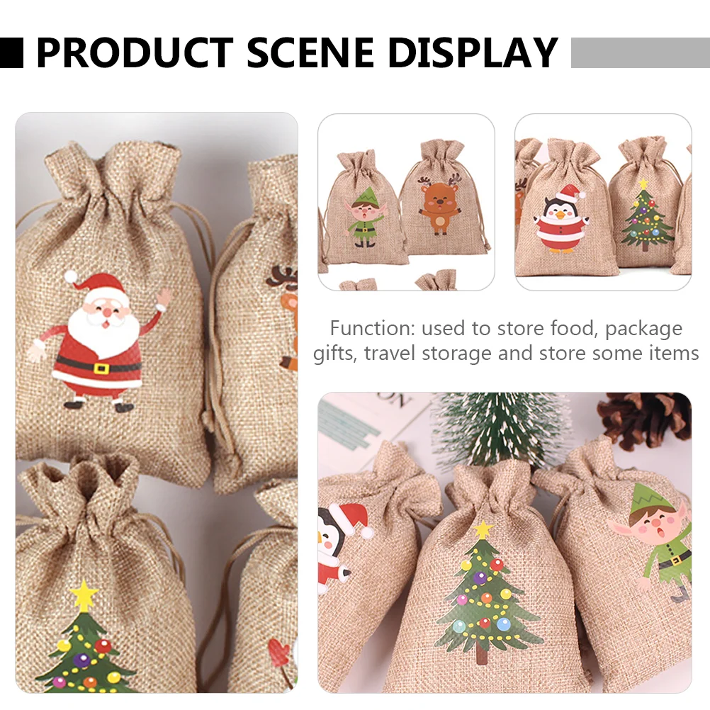 24 Pcs Christmas Sack Countdown Gift Bags Advent Xmas Decor Calendars Burlap Drawstring Candy Decoration