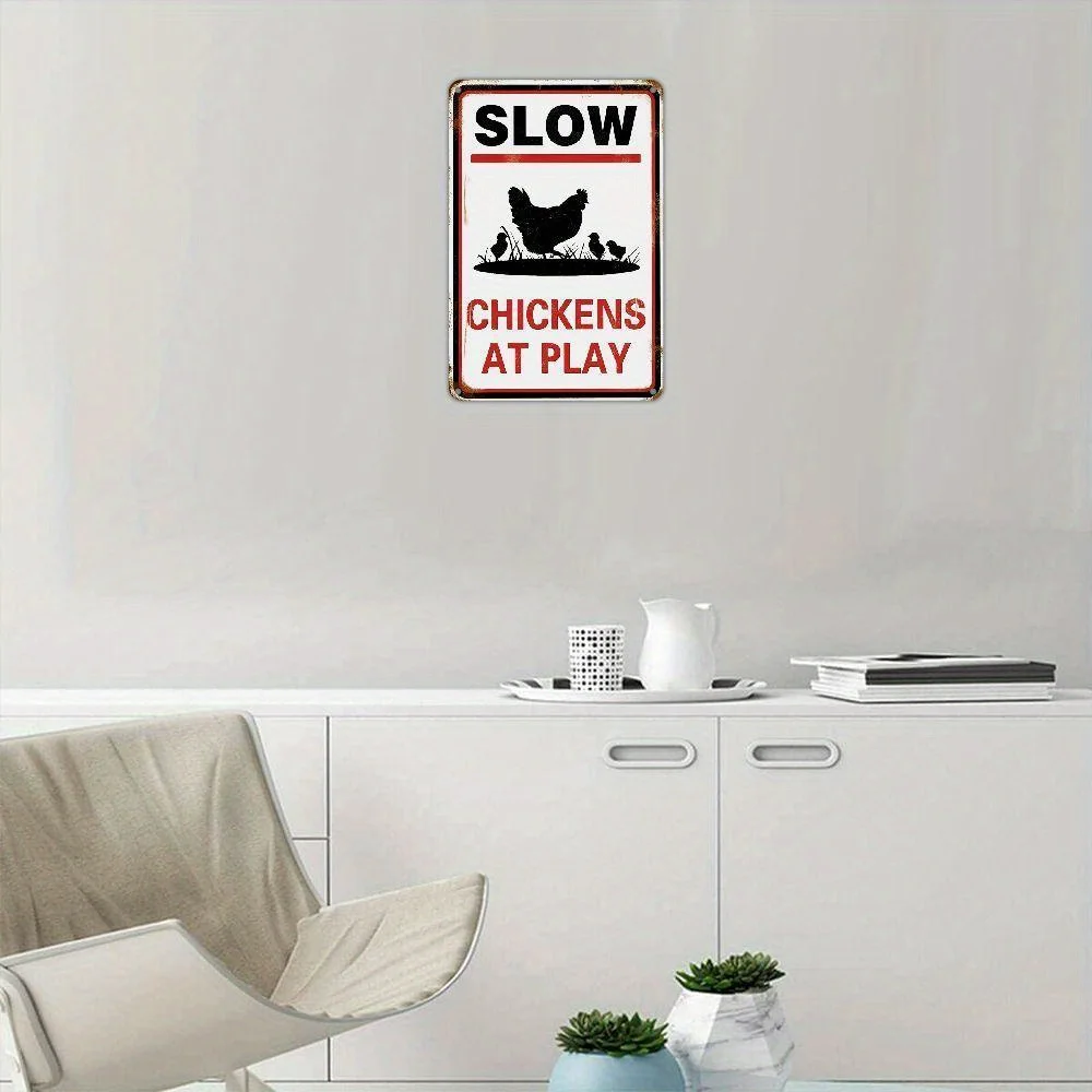 Polli lentos al gioco Segnale di avvertimento Divertente cartello di avvertimento di sicurezza in fattoria Decorazione da parete in metallo vintage Novità Pollo in fattoria