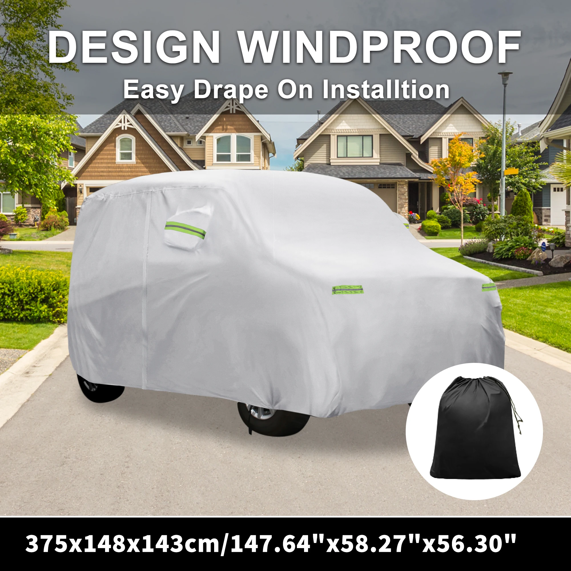 

X Autohaux Waterproof Car Cover Car Outdoor Full Car Cover for Suzuki WagonR with Windproof Rope Hook 375x148x143cm Silver Tone