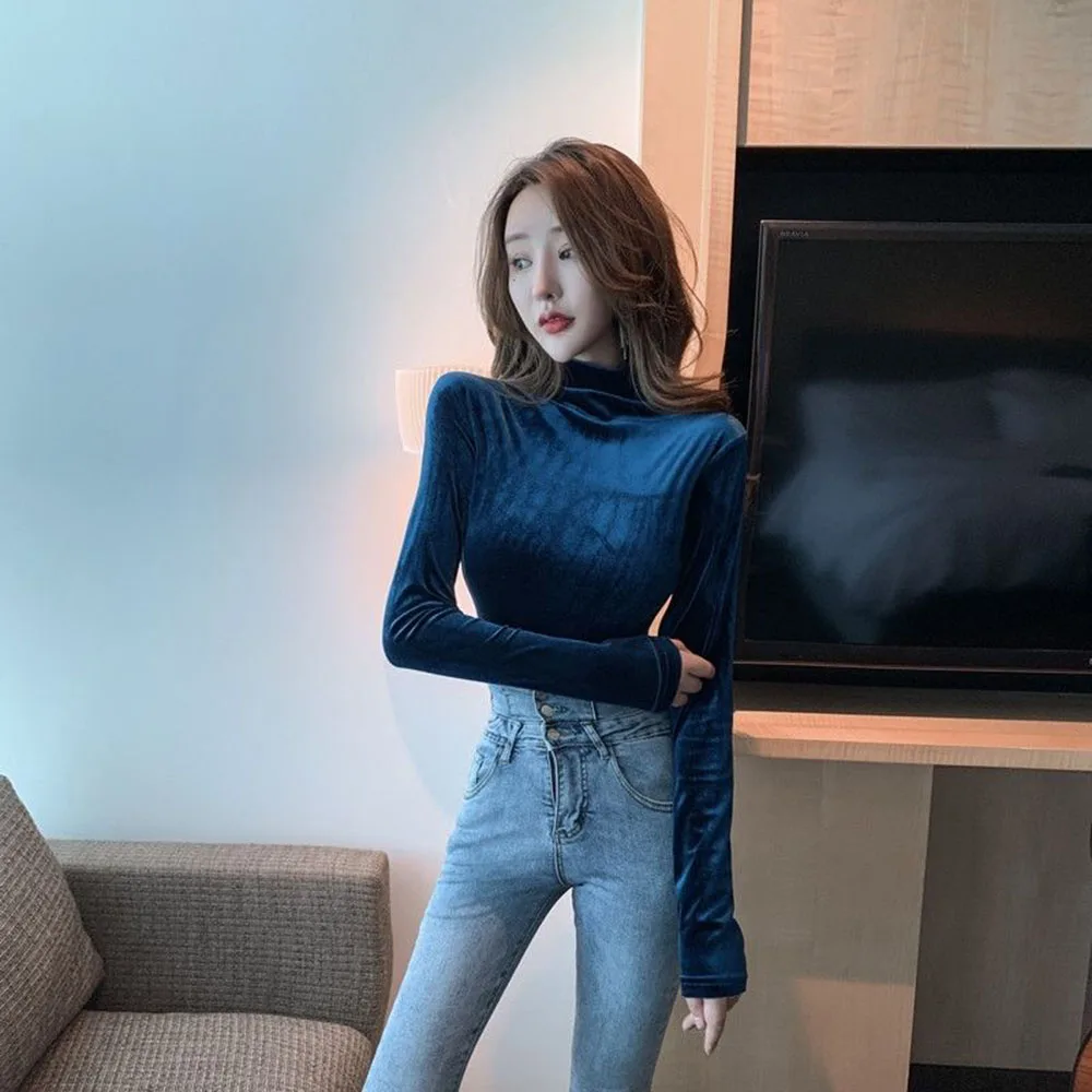 Autumn Winter Velvet Women\'s Turtleneck Shirts New Fashion Solid Slim Fit Long Sleeve Blouse Korean Elegant Blusa Top Woman Tees