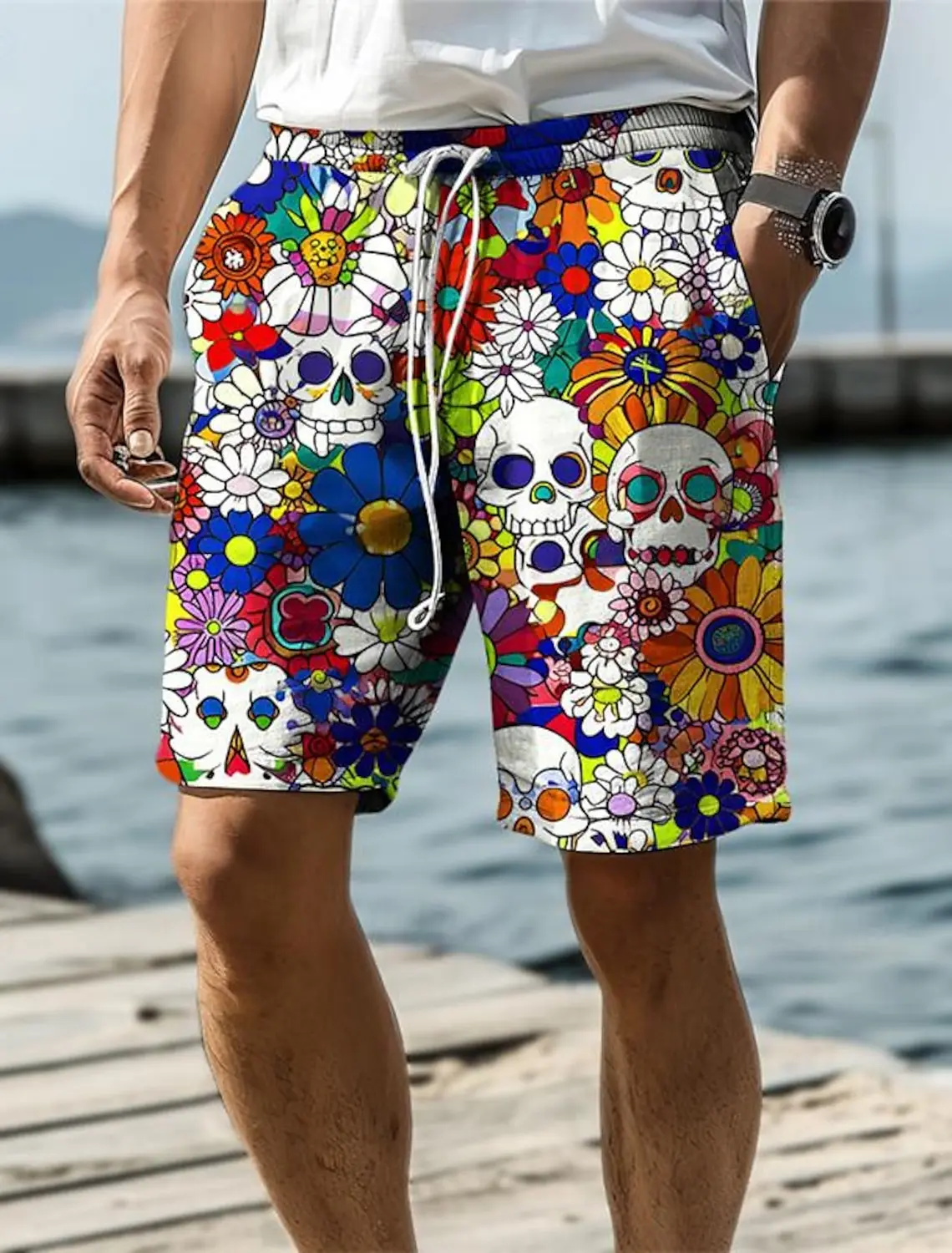 2024 Skull Flower Graphic Men\'s Resort 3D Printed Board Shorts Swim Trunks Elastic Waist Drawstring Hawaiian Style Holiday Beach