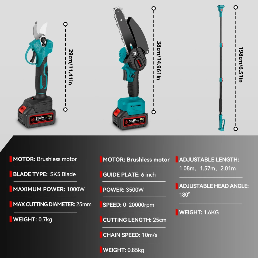 ONEVAN 3500W Brushless Telescoping Pole Electric Chainsaw 3 IN 1 High Branch Scissors Garden Pruning Tool For Makita 18V Battery