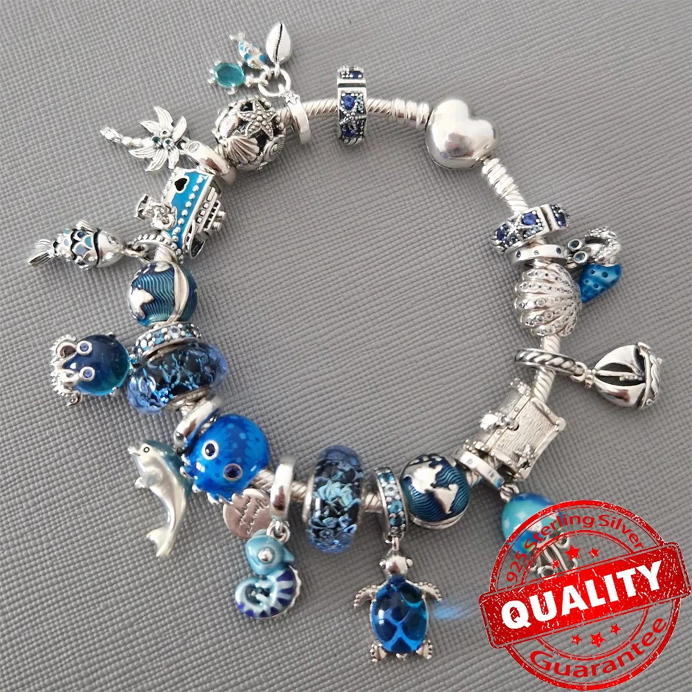 Abalorio colgante de plata de ley 925, pulsera de cristal de Murano azul, elefante, pulpo, tortuga y mariposa, novedad de verano