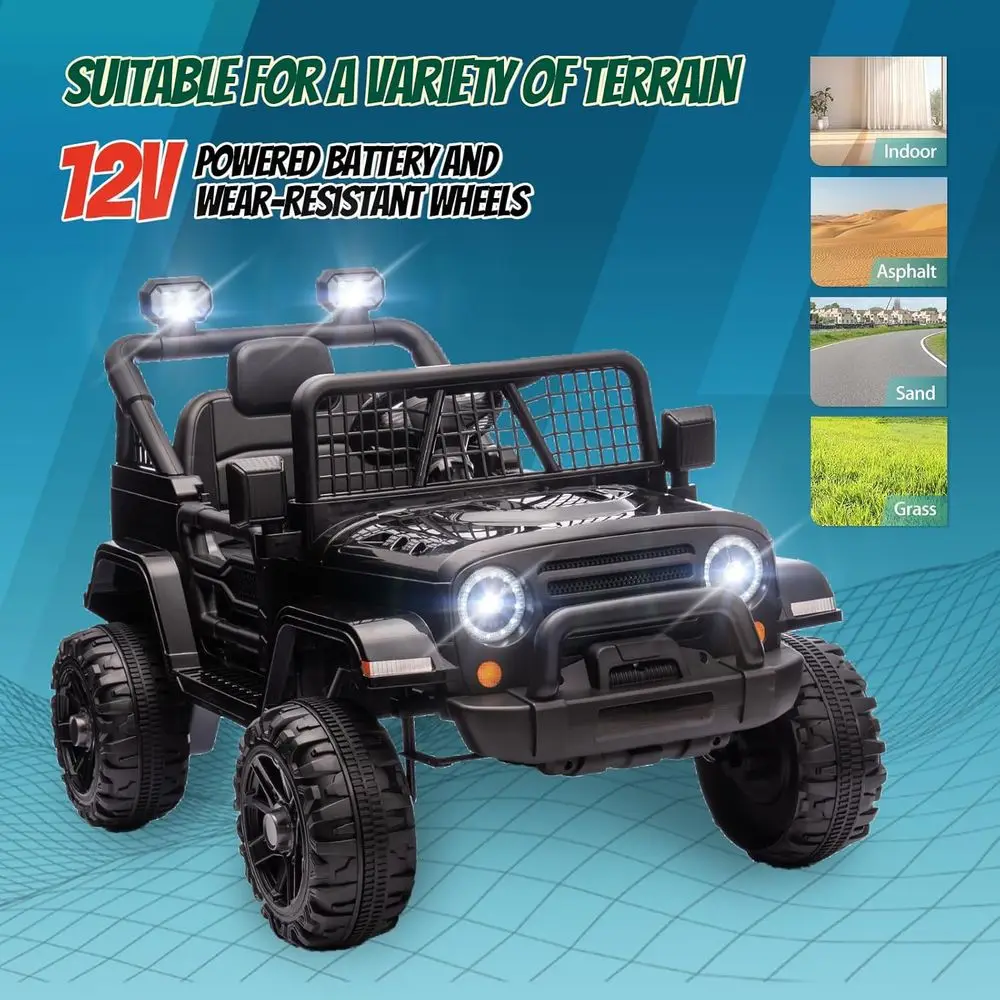 12V 電動乗用玩具トラック、リモコン付き、4輪バッテリー駆動キッズカー、LEDライト/ホーン付き電動プレイカー、ブラック