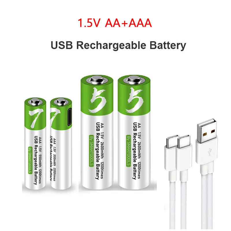 2PCS AAA+AA USB rechargeable battery 1.5V AAA 550mWh/AA 2600mWh li-ion batteries for Shaver,clock, mouse,hermometer+TYPE-C Cable