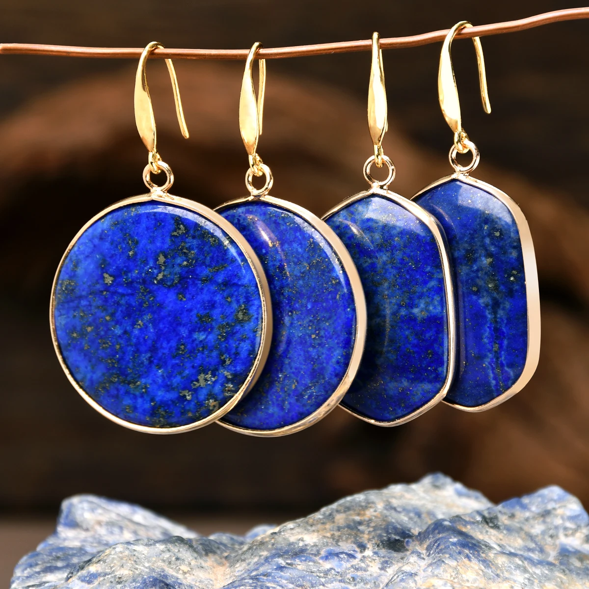 Natural Stone Lapis Round Water Droplet Dangle Earrings Bohemian Wome\'s Delicate Trendy Banquet Party Handmade Jewelry
