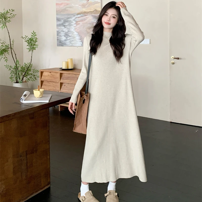 

Вязаный свитер-платье больших размеров для осени и зимы, скрывающий живот, для полных женщин, повседневный, свободный крой