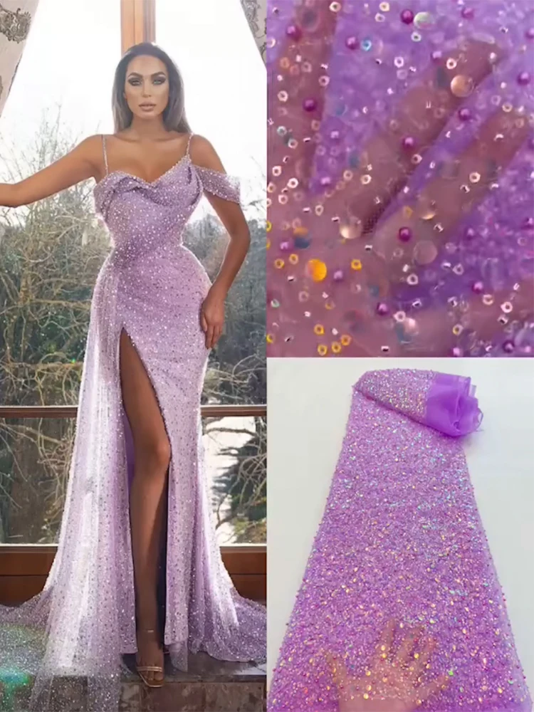 African Sequins Lace Fabric 2024 Purple High Quality Handmade Beaded Nigerian French Tulle Lace Material For Wedding Dress