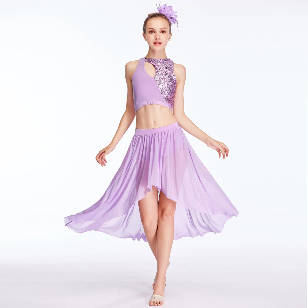 MiDee Lyrical Dance Costumes Women Skirt Set Sequin Crop Top High-Low Mesh Built-in Briefs Stage Performance Outfit