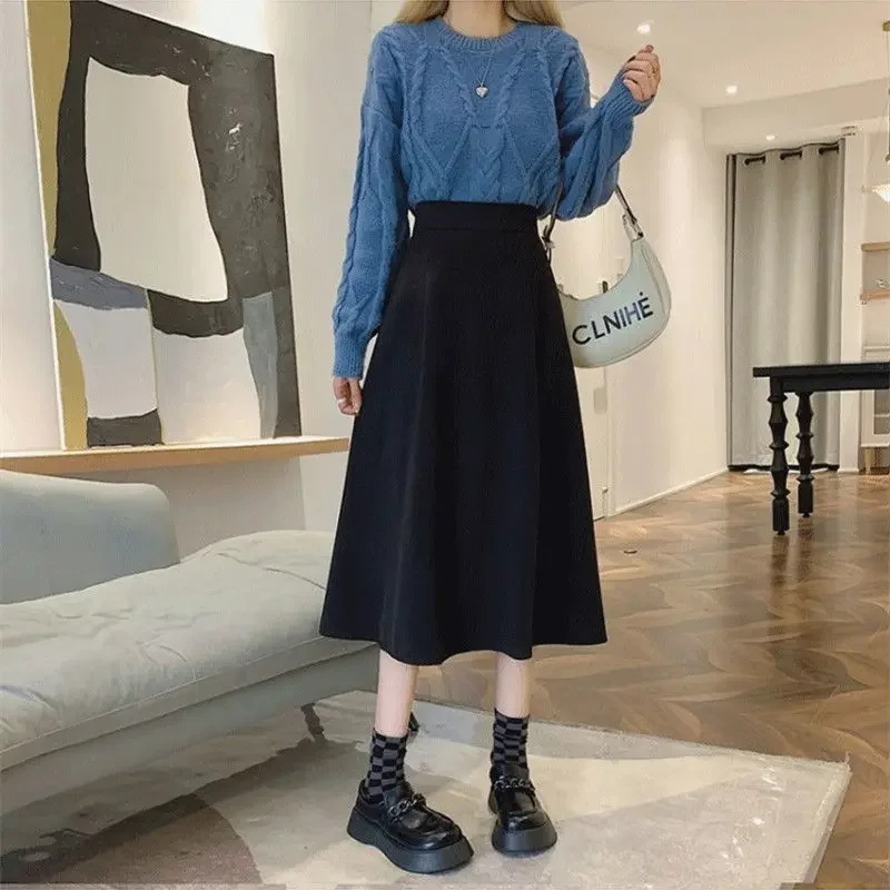 Herfst Wollen A-lijn Rok voor Vrouwen Mori-meisje Hoge Taille Faldas Largas Streetwear Temperament Zwarte Midi Rokken Casual klassieke