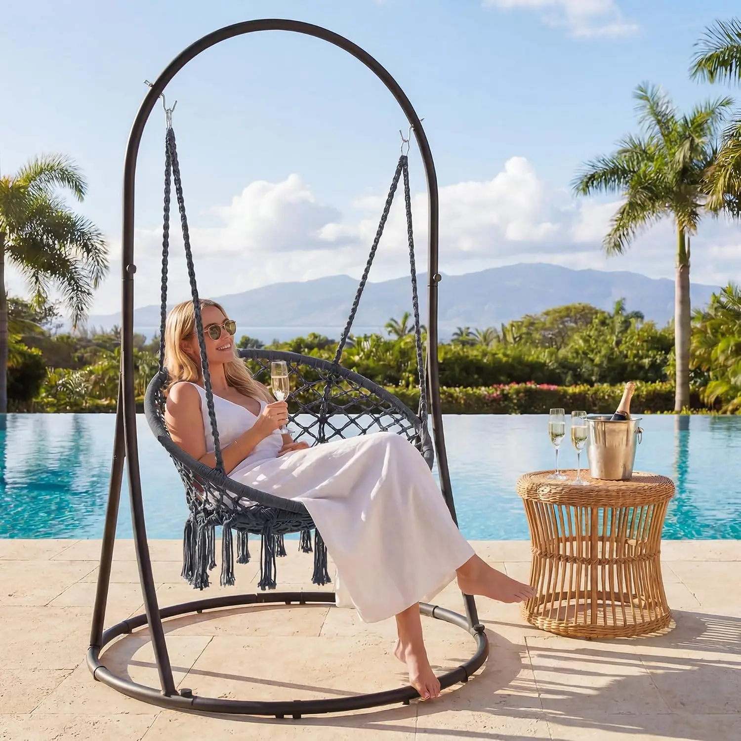 Indoor Hammock Swing Chair with Stand, Hanging Chair Outdoor with Stand, 330 lbs Capacity, Grey