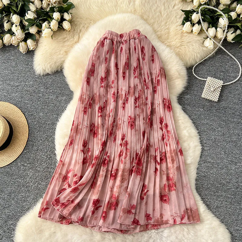 

Новая женская плиссированная юбка из шифона с цветочным принтом 2026 года, в нежном стиле, с высокой талией, приталенная, драпированная, длинная, А-силуэт