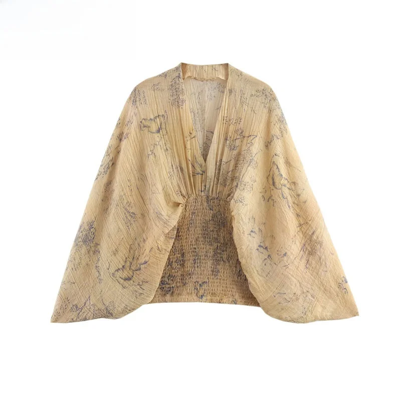 

Ele Honeycomb Pattern Printed Long Sve V-Ne Loose irt Autumn 2025 New Arrival Women's Faion Breathable Polyester