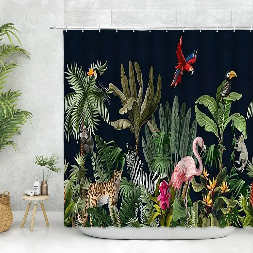 Tropical Palm Trees Shower Curtains Set Palm Leaves Animals Flamingos Parrot Tiger Watercolour Landscapes Bathroom Decor Fabric