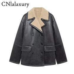 Winter Jacket Notched Faux Leather Jackets Women Fashion Double Breasted Coats Women Elegant Flap Pockets Jackets Female Ladies