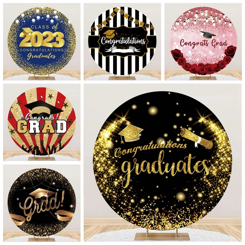 

2024 Graduation Round Backdrop Cover Class of 2024 Congrats Grad Prom Party Black Gold Balloon Circle Photography Background