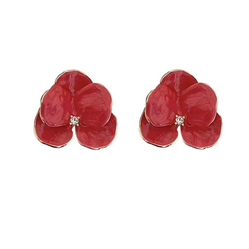 Retro Big Flower Stud Earrings Red Blue Enamel Oil Petal Rhinestones Earrings for Women Wedding Party Cute Elegant Jewelry Gift