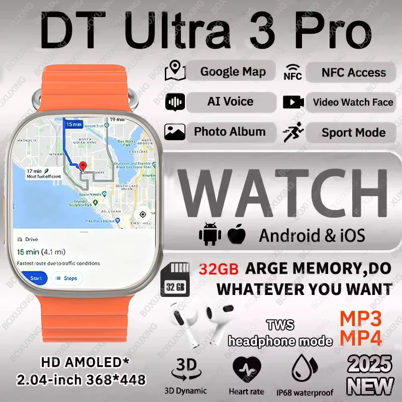 

4GB Memor Original Watch DT Ultra 3 Pro SmartWatch Men Google map NFC GPS Tracker HD BT Call IP68 Waterproof smart watches Women