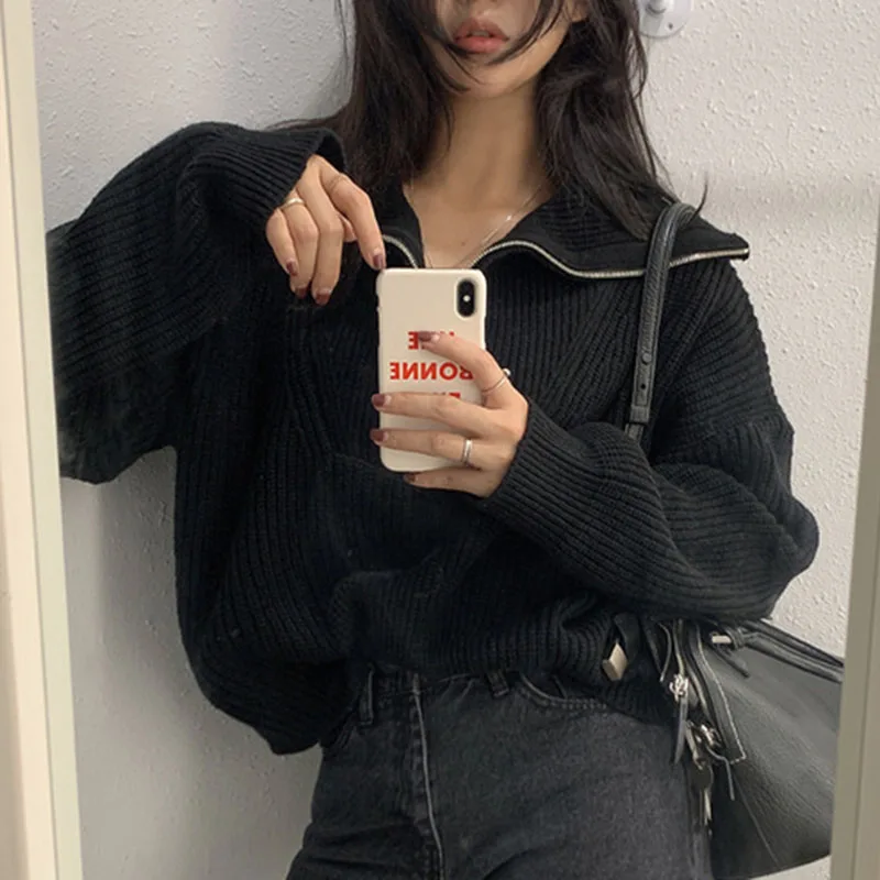 Chic paresseux Sle fermeture éclair rayé Design bulle ample Sve pull tricoté pour les femmes trajet Sle Long Sve couleur Pure