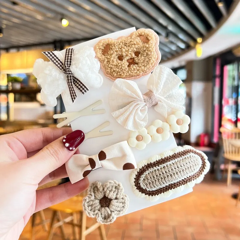 9 قطعة/المجموعة الكرتون الدب الطفل مقاطع الشعر الخريف الشتاء أفخم محبوك دبوس لطيف القوس طفل فتاة المشابك إكسسورات شعر الأطفال