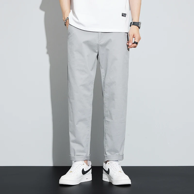 

Summer 97.8%Cotton Men's Ankle-Length Casual Pants Thin Business Straight Grey Khaki Work Solid Color Trousers Male Plus Size 40