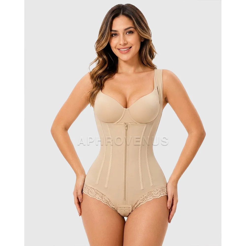Women Zipper Full Body Shaper Tummy Control Waist Trainer Butt Lift Lace Trim Shapewear Open Bust Postpartum Slimming Underwear