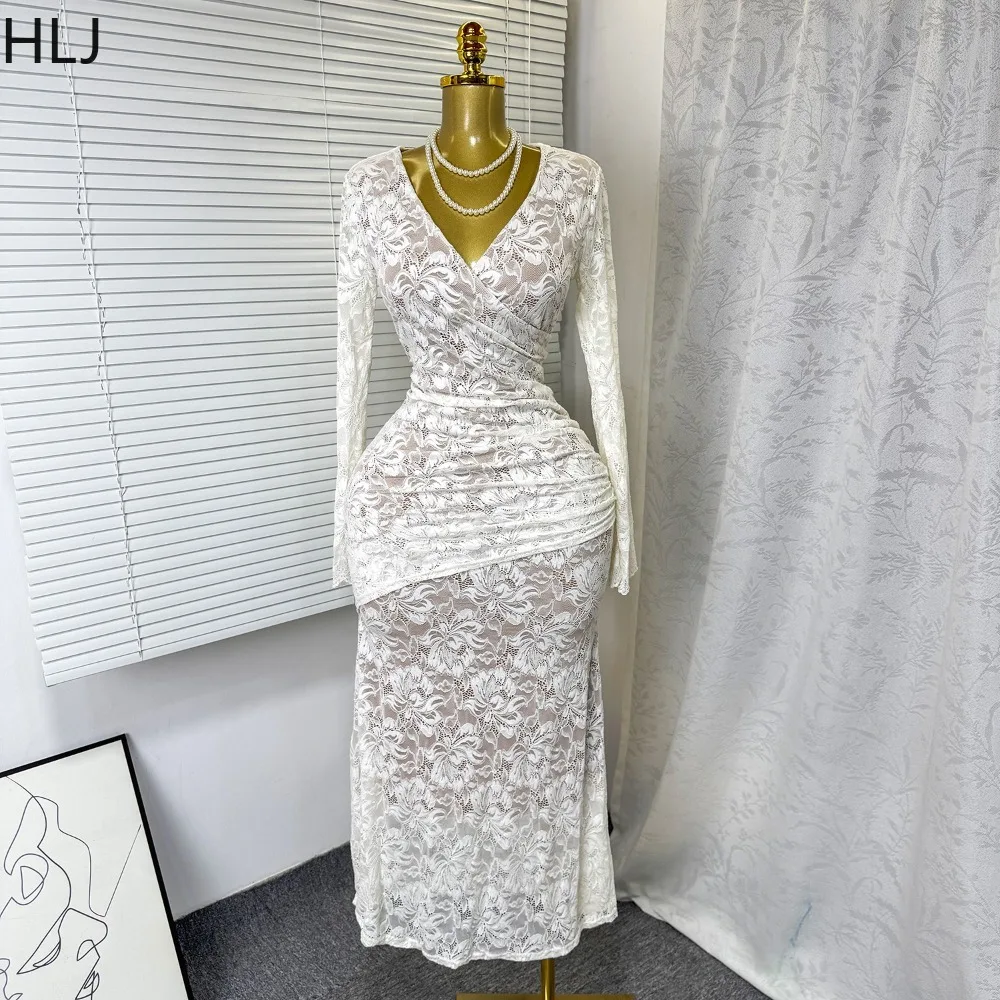 เดรสทรงบอดี้คอนผ้าลูกไม้สไตล์ฝรั่งเศส HLJ สำหรับผู้หญิง คอวีเว้า แขนยาว แฟชั่นสตรีทแวร์ รุ่นใหม่ ปี 2025