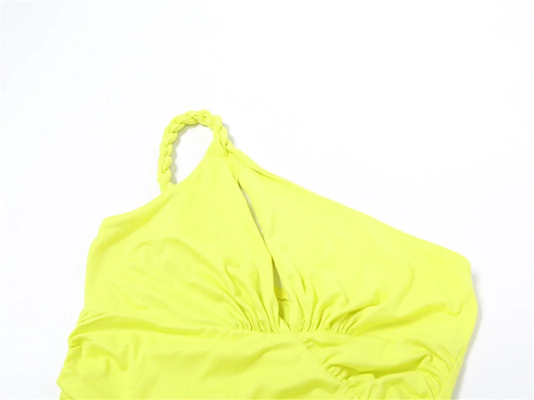 Falda plisada de un hombro para mujer, Vestido largo de noche sin espalda con abertura alta, vestido de fiesta amarillo sin mangas, nuevo diseño