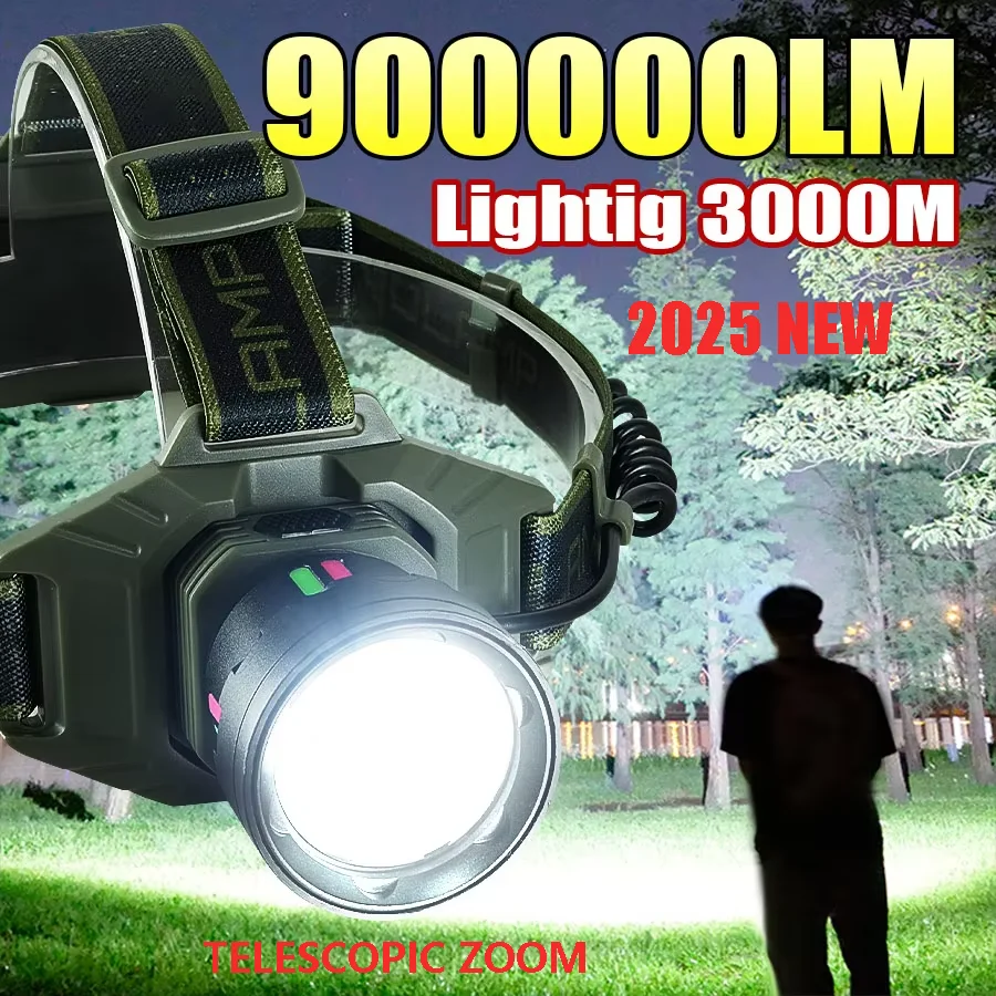 9000000LM Ultra Powerful Headlamp Headlight Head Lantern Front Light Rechargeable Type C LED Head Flashlight For Fishing Hunting