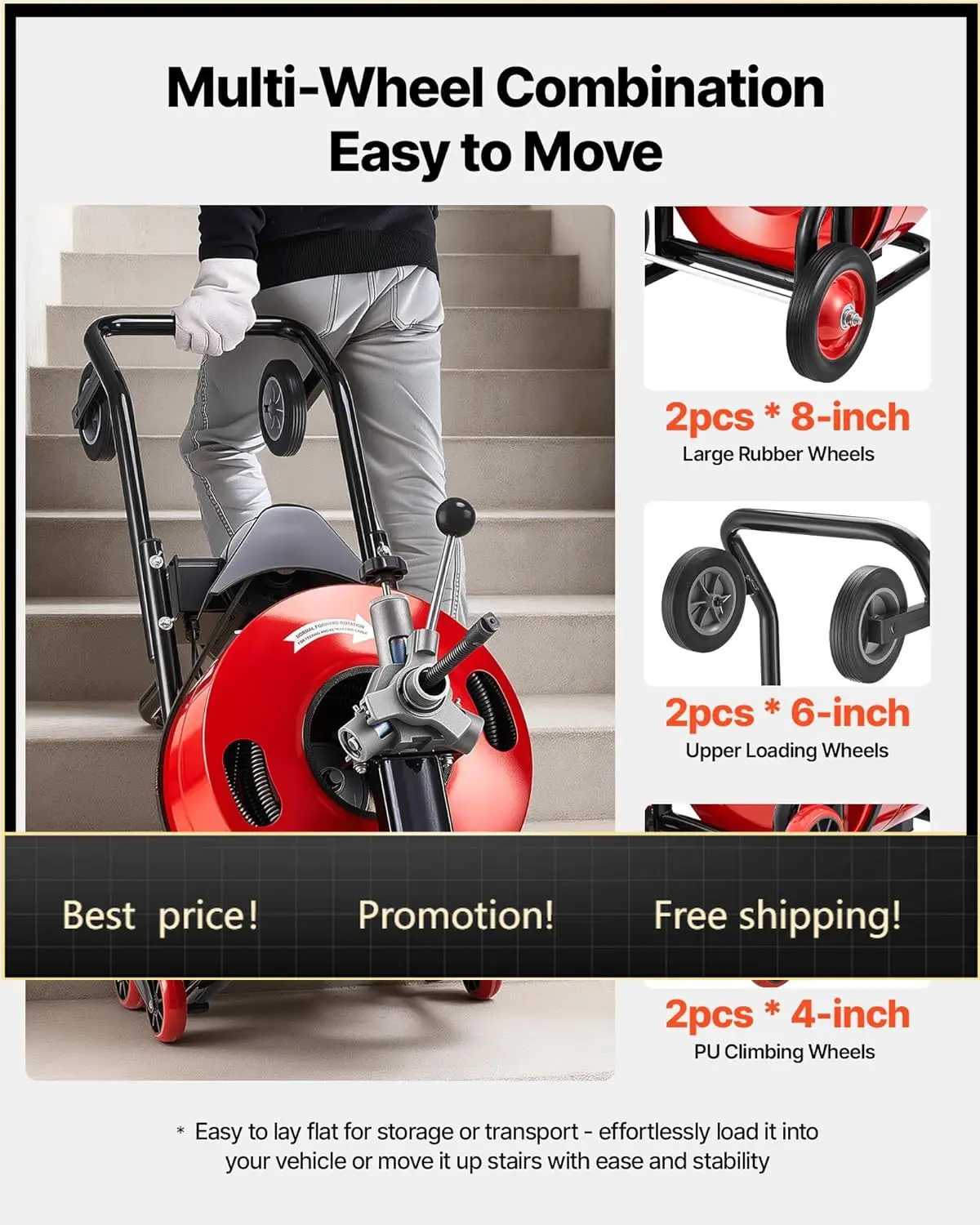 

VEVOR Drain Cleaner Machine 100 FT x 3/4 Inch, Auto Feed Sewer Snake Auger, Portable Drain Cleaning Machine with Multi-Wheel Com