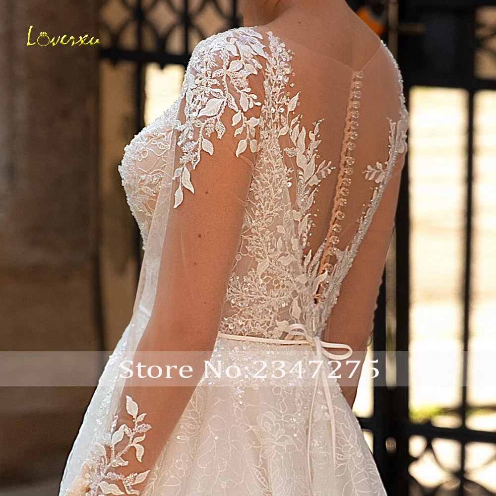 Loverxu-vestidos De Novia elegantes De corte en A, Vestido De Novia De manga larga con escote en forma De corazón, Vestido De Novia hecho a medida con lentejuelas y purpurina