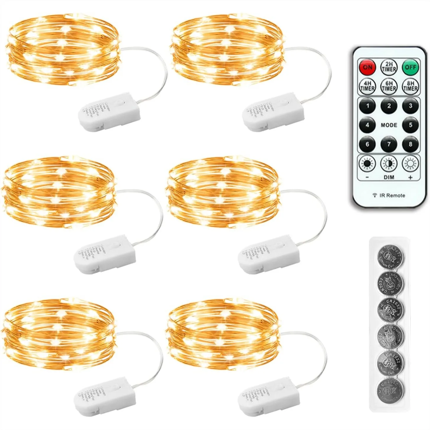 6 luces de hadas con pilas y control remoto, 7 pies, 20 LED, luces mini centelleantes de color blanco cálido con temporizador, cable plateado pequeño, efecto luciérnaga estrellada, para bricolaje, bodas, fiestas, Navidad