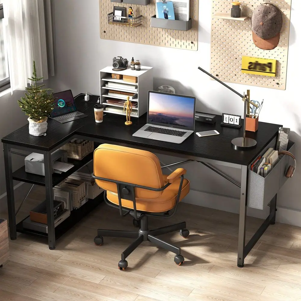 

Gaming Desk With BuiltIn Power Outlets, 40 Small Office Desk With XBrace Support Storage Shelves For Bedroom, Black