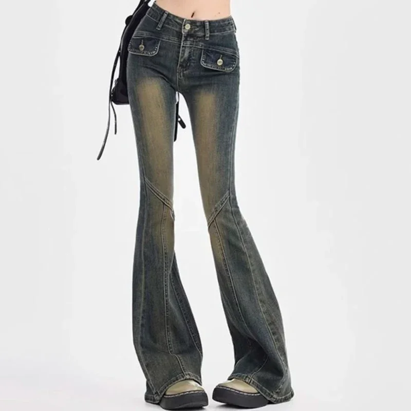 Woman High Waist Elastic Spliced Wide Leg Jeans Female Vintage Slim Fit Flare Pants Lady Blue Black Grey Denim Trousers Big Size
