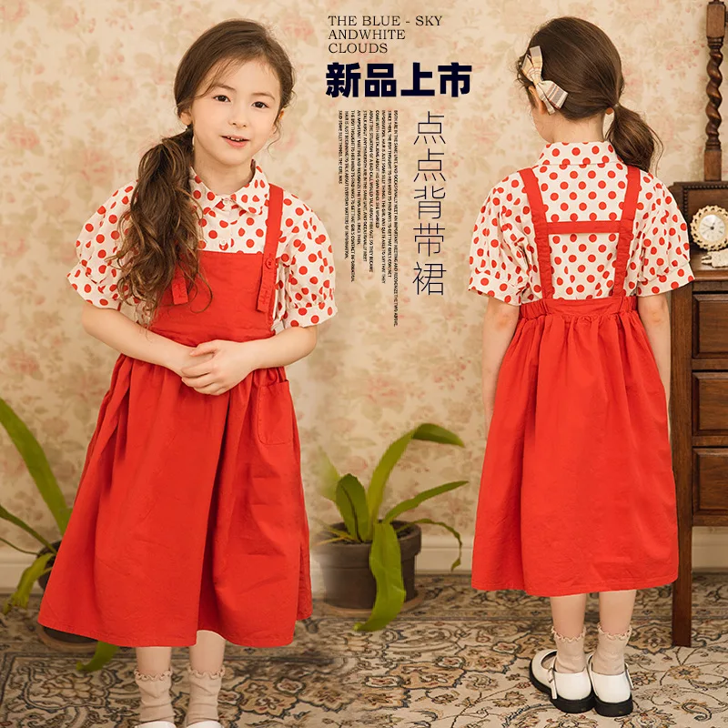 2024 Summer Baby Girls Short Sleeves Dress Set Children Wave Point T-shirt+Solid Color Strappy Dress Two-piece Suit