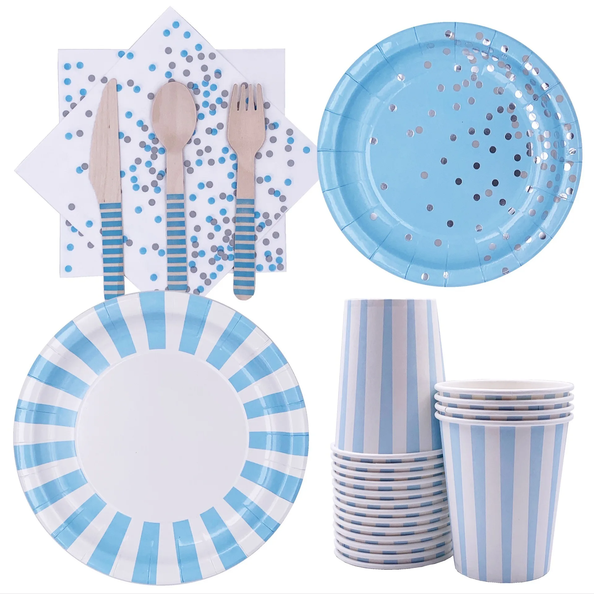 

8Guests Blue Baby Shower Disposable Tableware Boy 1st 2nd 3rd Happy Birthday Strip Dot Plates Cup Napkin Babyshower Supplies