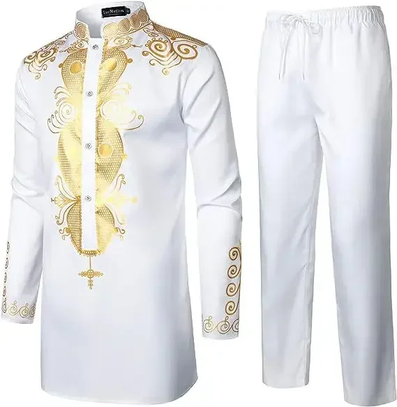 LIBIELIY Abito da uomo Four Seasons Stile etnico africano Abiti ricamati a maniche lunghe Abbigliamento tradizionale da uomo 2 pezzi di lusso