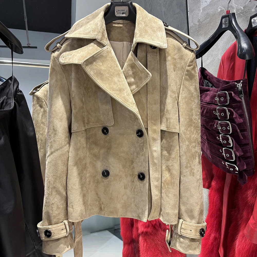 YOLOAgain Double Breasted Croc Pattern Leather Jacket Women 2026 Autumn New Genuine Leather Jacket Ladies