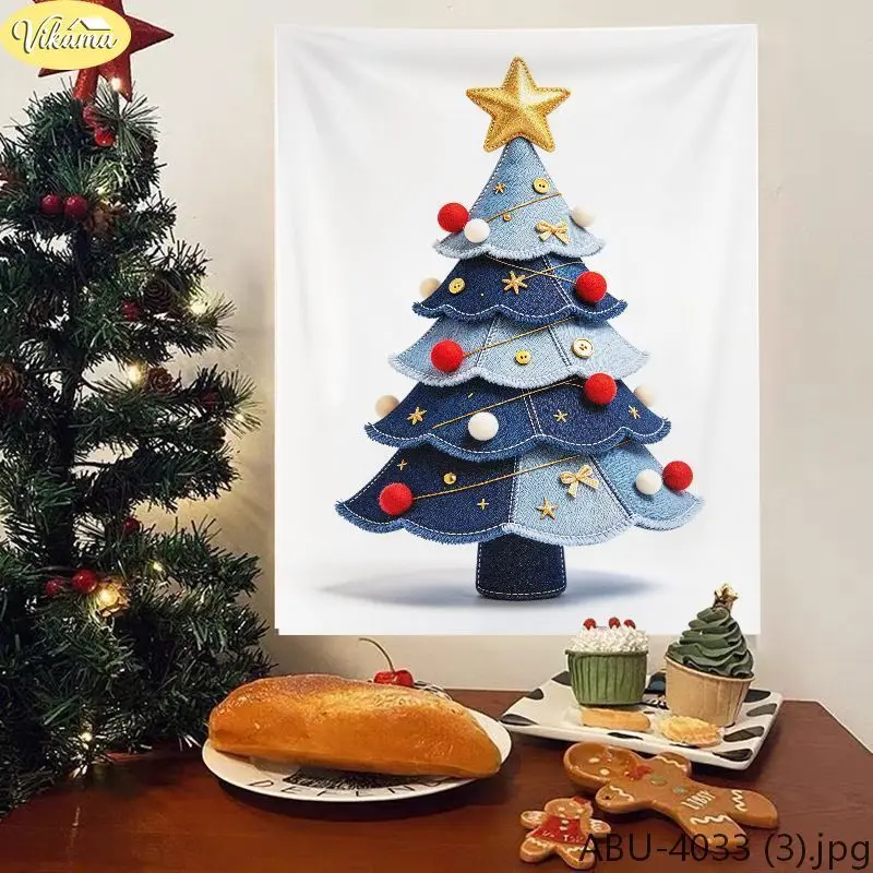 VIKAMA Christmas Wall Tapestry, Cute Denim Patchwork Christmas Tree Decorative Wall Hanging Tapestry, Christmas Party Home Decor