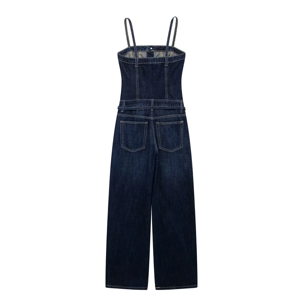 2024 Dames herfst nieuw product riem katoen comfortabele blauwe cowboy riem rechte kraag lange jumpsuit