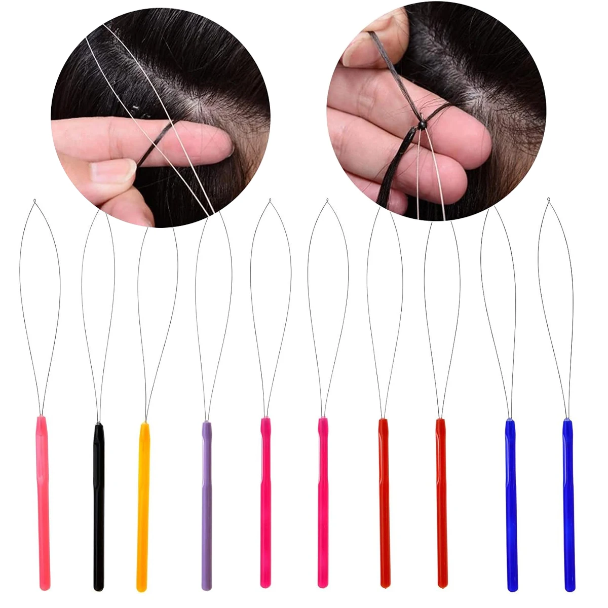 5Pcs Plastic Handle Loop Pulling Needle Micro Ring Hair Extensions Threader Beader Wig Crochet Tool Supplies Random Color