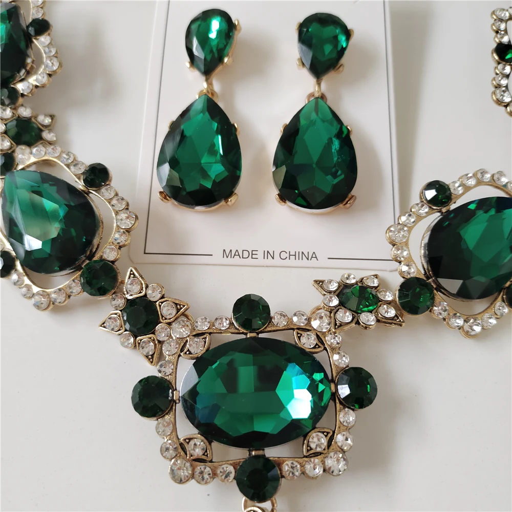 2024 New ZA Trend Green Crystal Rhinestones Necklace Earrings Women Jewelry Sets Indian Statement Large Collar Choker Necklace