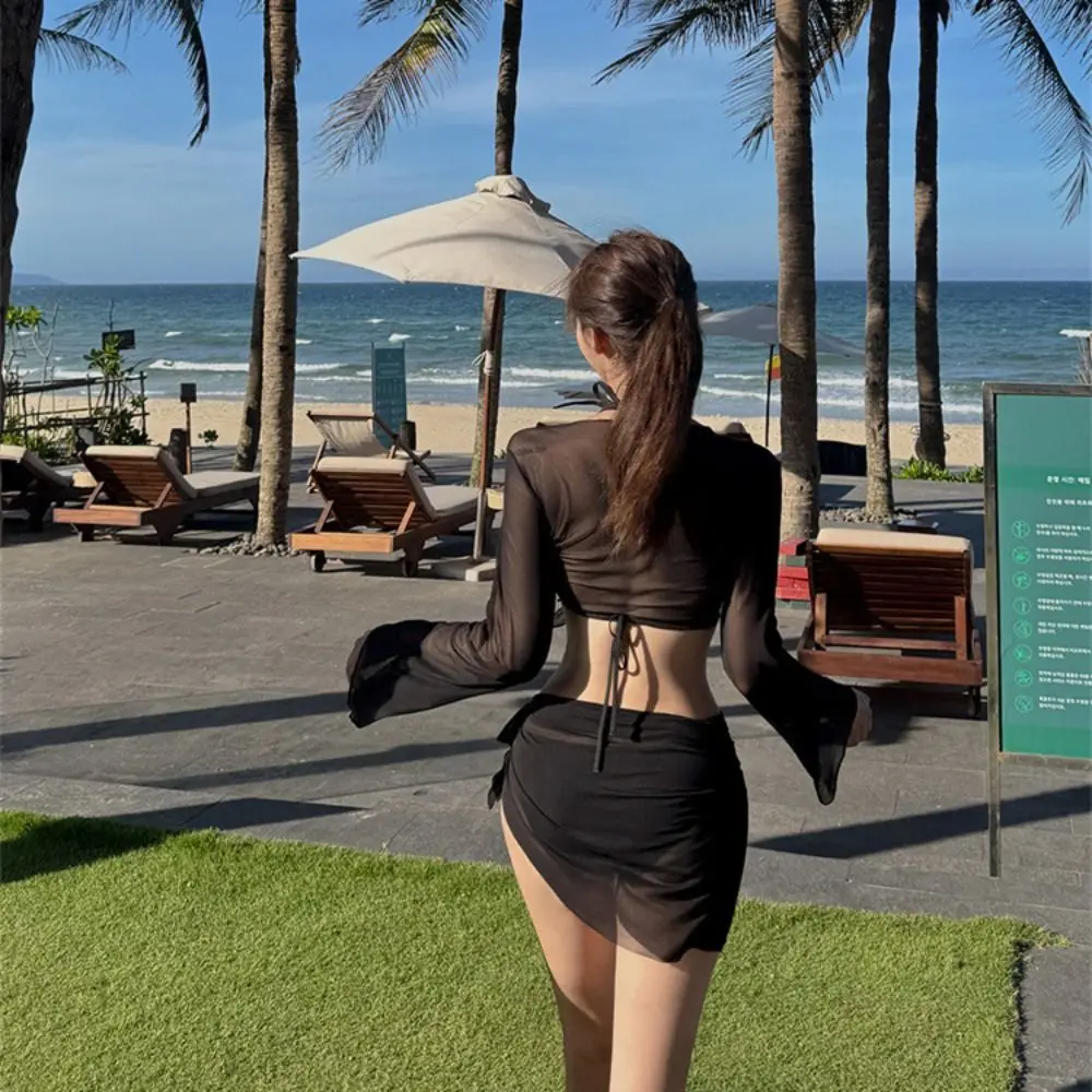 

Pure Red Color Four Piece Bikini Set White Color Lace Up Design Long Sleeved Swimsuit Cover Up Skirt Solid Color Split Swimsuit