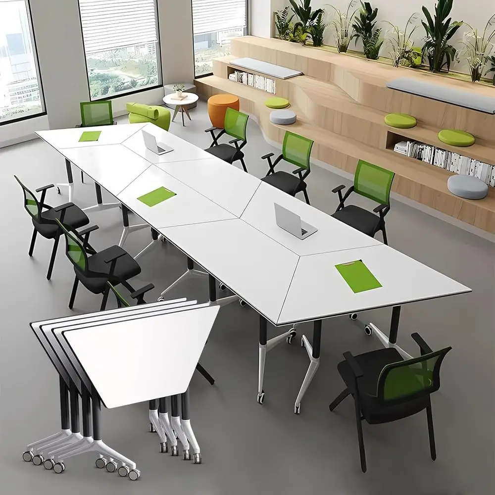 

Room Table Foldable Flip Top Mobile Training Table,combinable trapezoidal Conference Table Computer Desk,Metal Frame,with Modes